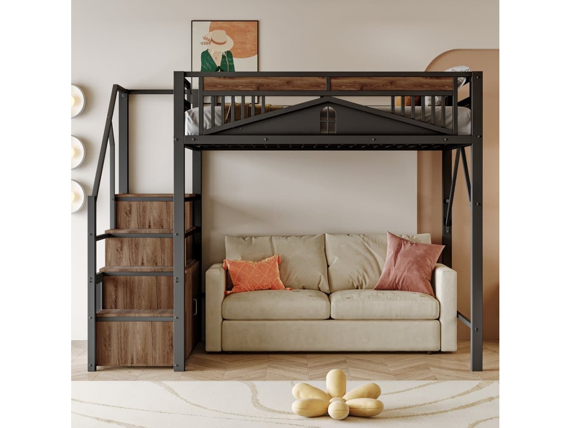 Cama Alta Metálica 140x200 Cm - Caja De Seguridad Con Ventana, Escalera Con Armario - Negro