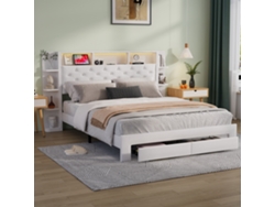 Cama Tapizada 160 X 200 Cm Cama Doble Con Led Usb, 2 Cajones, Espacio De Almacenamiento Y Estante, Base De Listones, Sin Colchón