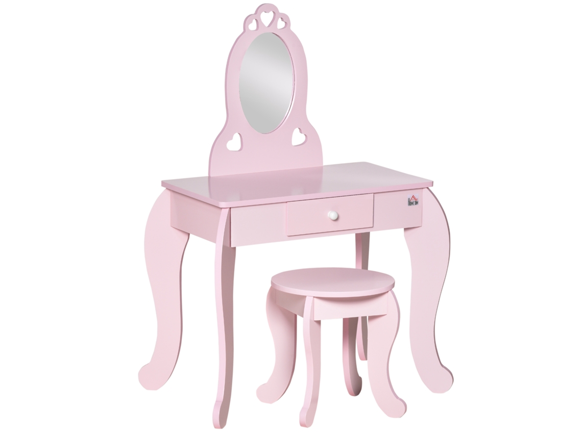 Penteadeira Infantil Madeira Espelho Banquinho Gaveta Princesa 60x36x88 Rosa