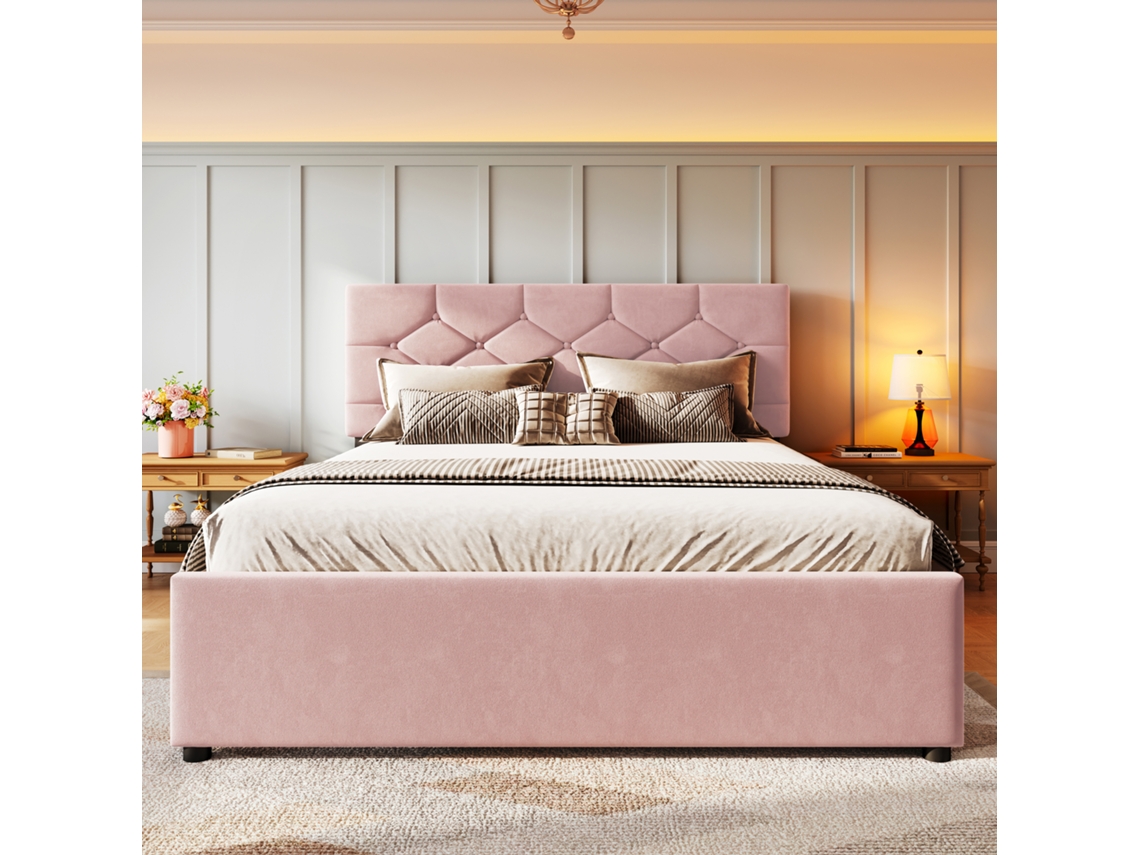 Cama tapizada de 140x200 cm con somier de láminas y cajón con ruedas rosa Mobrio (sin colchón)