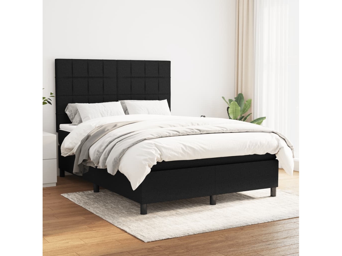Cama Box Spring Con Colchón Tela Negro 140x190 Cm