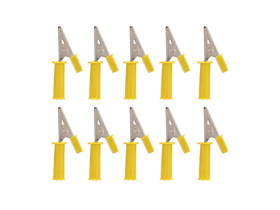 10 Pinzas De Cocodrilo Aisladas Con Apertura De Cobre Puro De 5 Mm Y Conector De 4 Mm Para Pruebas Experimentales (color Amarillo).