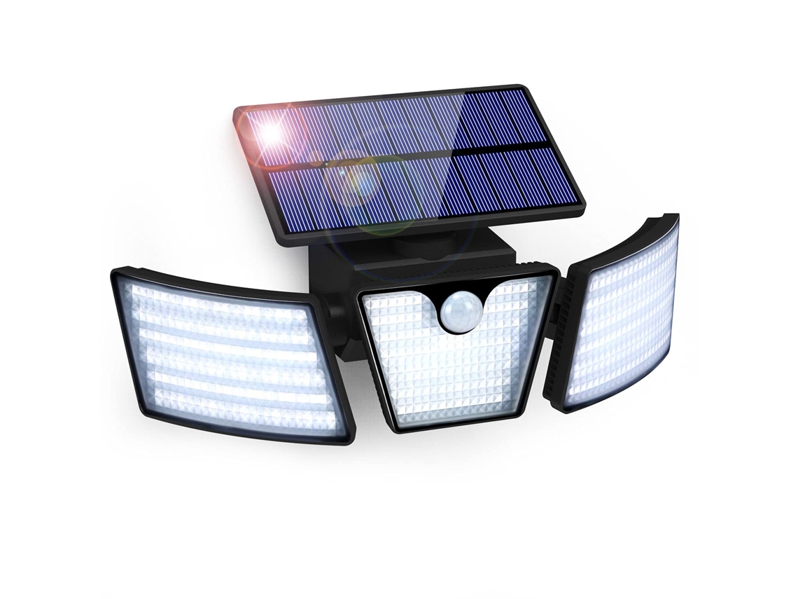 Nicecee - Lámpara solar para exteriores con sensor de movimiento, 265 LED, IP65, impermeable, 3 focos, rotación de 360°, luz de pared