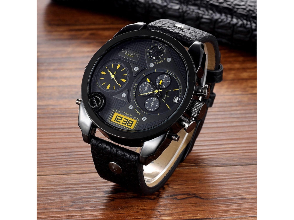 Reloj Cagarny 6822 para hombre con calendario diario, correa, doble zona horaria, esfera grande y movimiento de cuarzo.