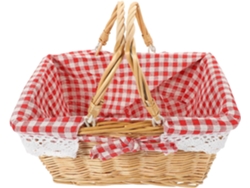 Cesta de picnic de mimbre natural trenzado, formato pequeño con forro de tela roja con estampado de azulejos, ...