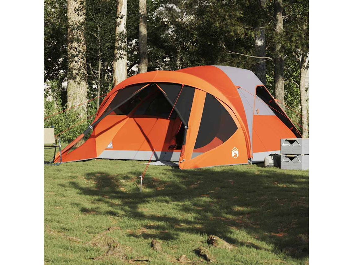 Tienda de campaña tipo túnel familiar para 6 personas, impermeable, gris/naranja.
