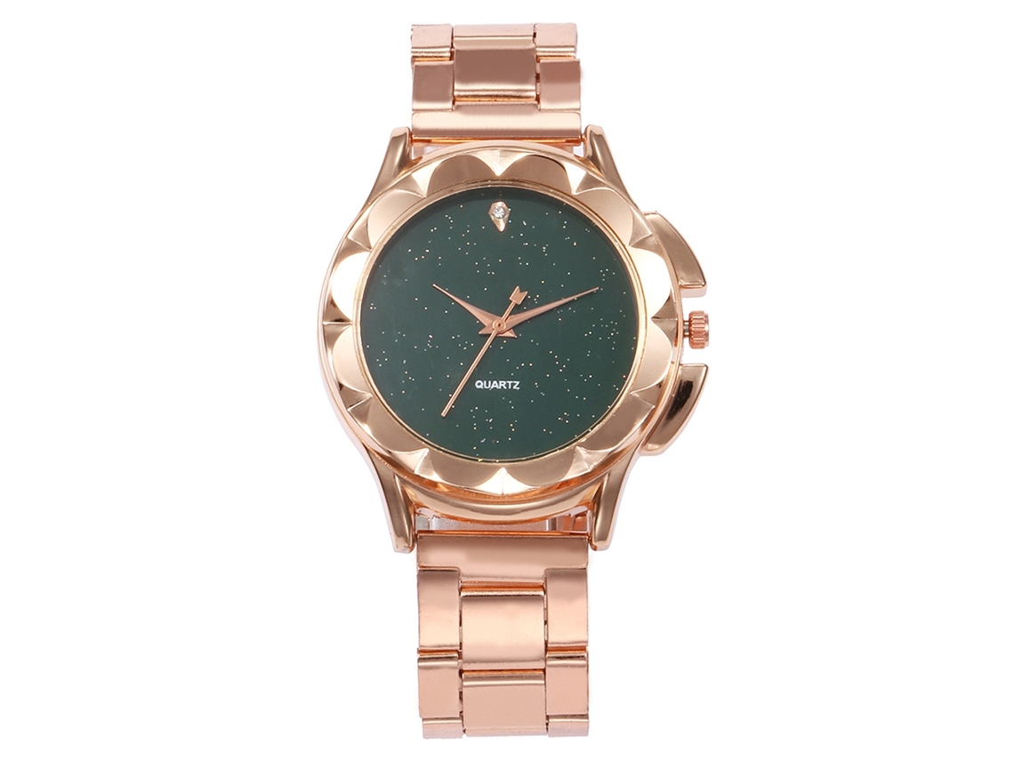 Reloj De Cuarzo Para Mujer Vansvar Con Correa De Aleación Y Estampado Floral Con Diamantes De Imitación Verdes.