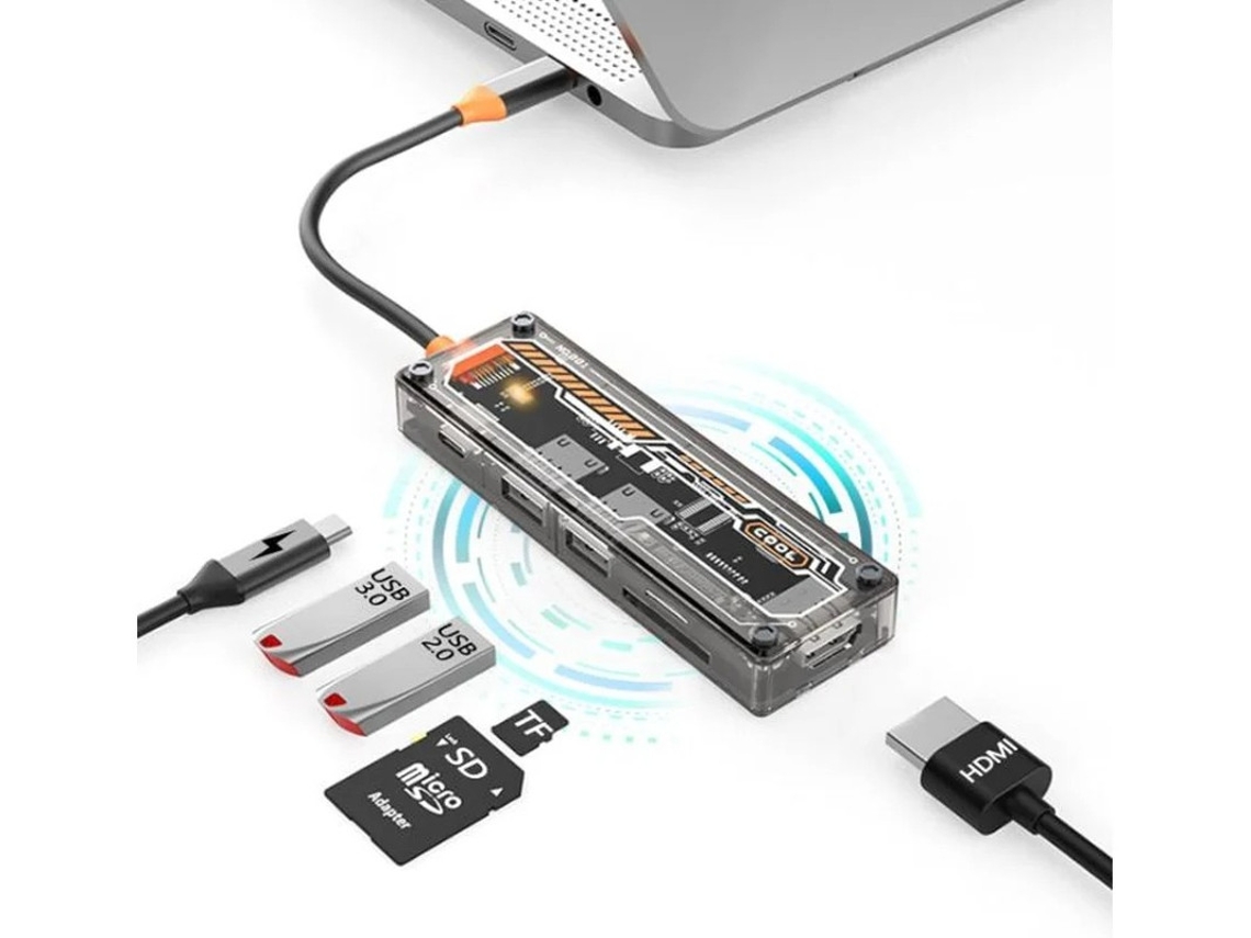 Hub USB C Hub USB C 6 en 1 USB 3.0 2.0 Hdmi 4k Sd/tf 100w Pd Estación de acoplamiento para computadora portátil Gris Yizhood