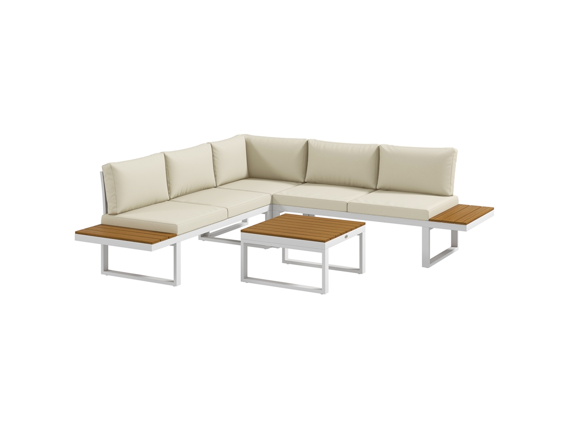 Conjunto de muebles de patio PONTO CASA, 2 sofás de estilo rústico, 1 sofá individual, mesa de centro, color crema.