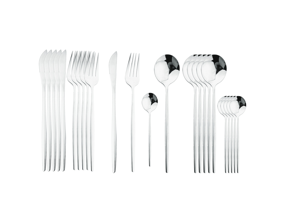 Juego de cubiertos de acero inoxidable de 24 piezas, incluye cuchillo, cuchara y tenedor. Mdug (plata)
