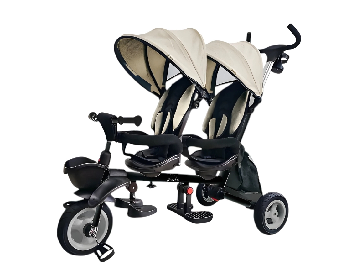 QPLAY Triciclo Evolutivo para Gemelos o Mellizos desde 10 hasta 36 Meses con Asientos Giratorios y Capotas UV