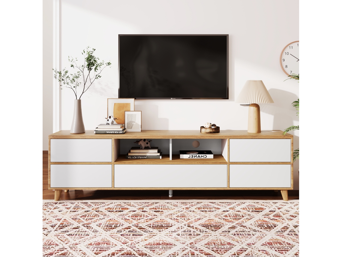 Mueble de TV de 175 cm con 5 Puertas y 2 Compartimentos, Estilo Contemporáneo, Color Natural y Blanco