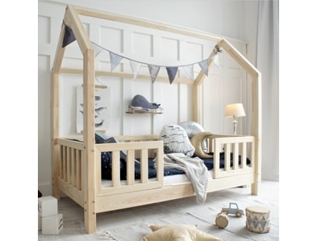 Cama con Patas Cabina Barandillas Somier Lamas Daisy PETITS-MEUBLES Beige Madera (90x190)