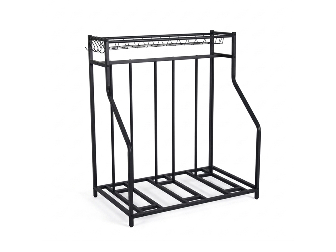 Soporte de suelo Relaxdays para 3 bicicletas, ancho de neumáticos ajustable, cesta y 6 ganchos, soporte múltiple, negro.