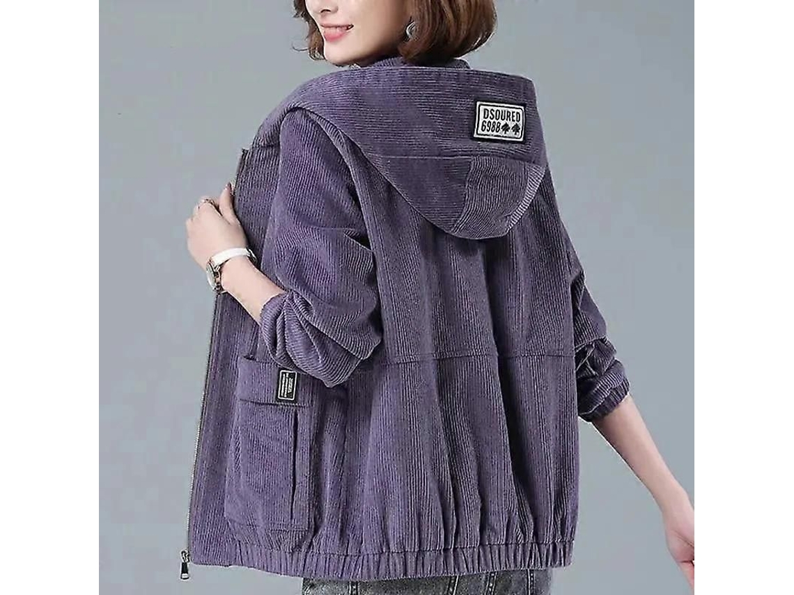 Chaqueta Corta Mujer Primavera Otoño Coreana Suelta Capucha Cremallera Casual Algodón Polyéster Morado S