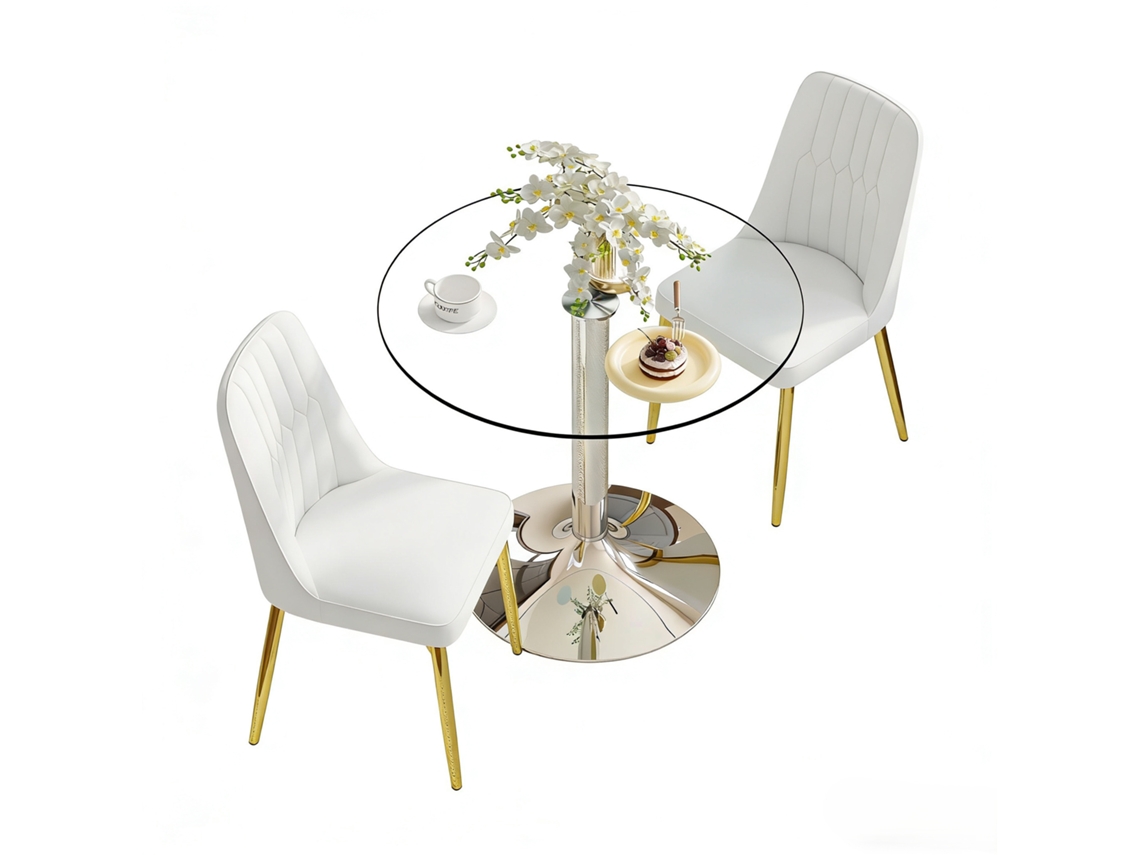 Conjunto Mesa Comedor 85 Cm - Vidrio Templado Con 2 Sillas Pu - Blanco Dorado Plateado