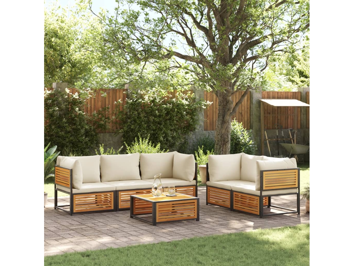 Conjunto de sofá de jardín de 6 piezas con cojines de madera maciza de acacia, Dkd Home Decor