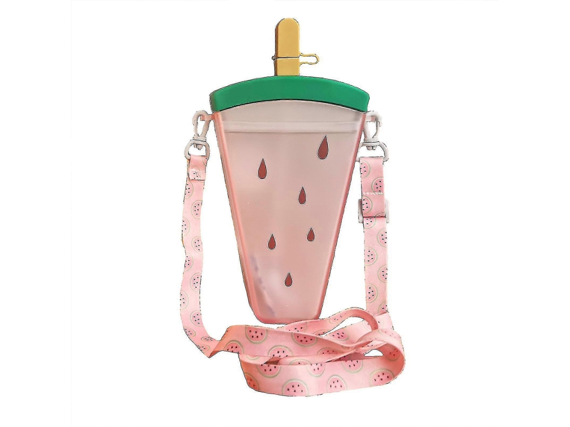 Vaso de plástico con pajita en forma de sandía, portátil con cordón. 350 ml, 12,6x4,4x22 cm.