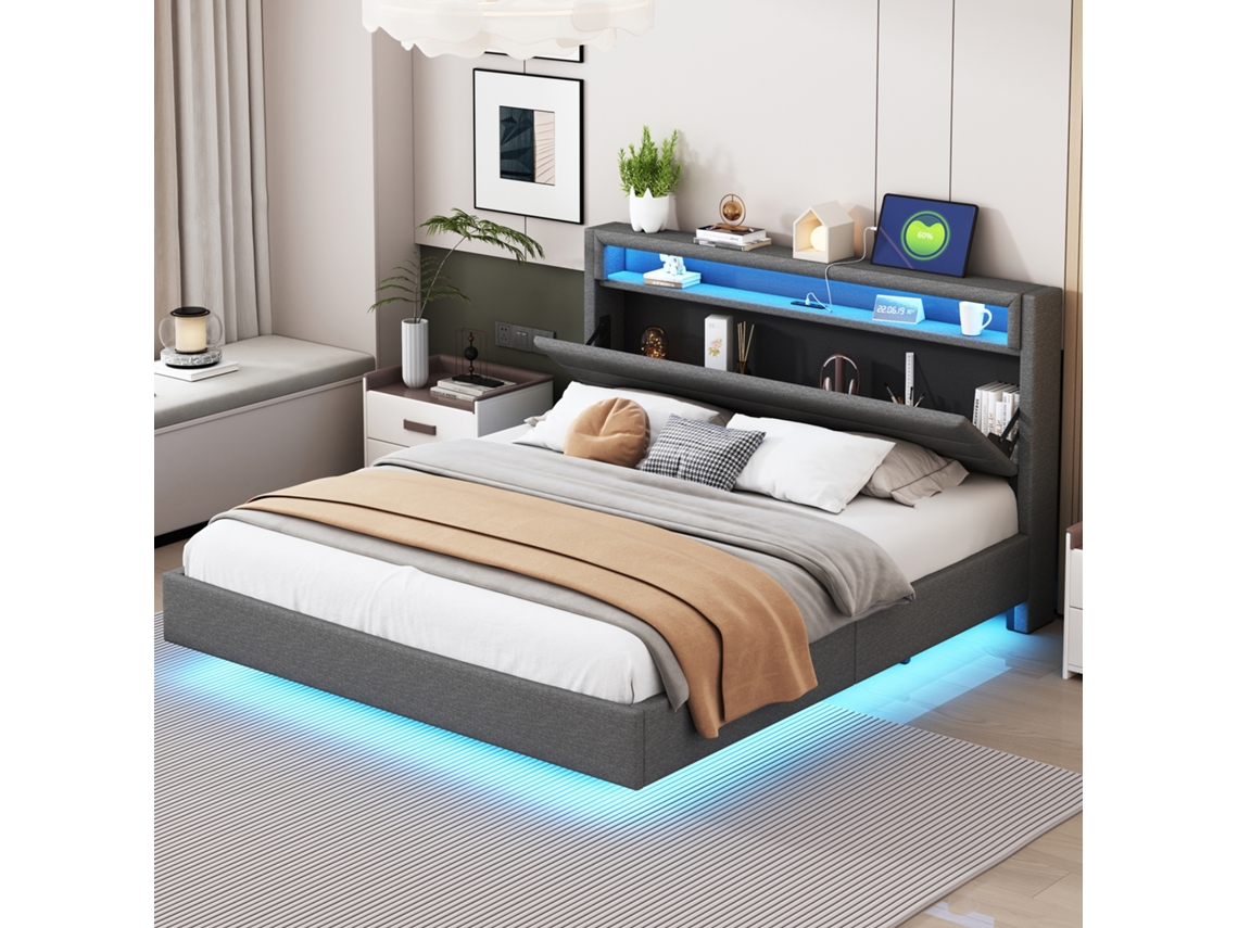 Cama Gris De 160x200 Con Led, Usb Y Mecanismo Plegable.