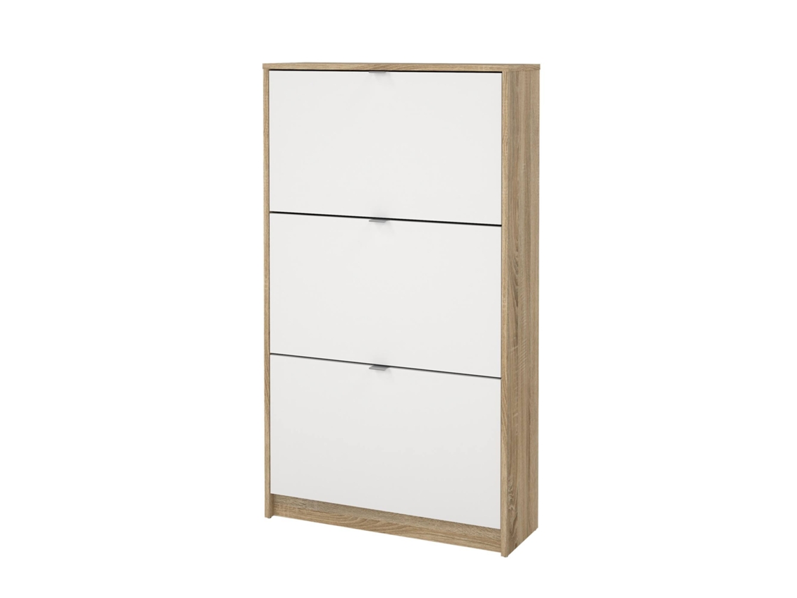 Zapatero Wellhome Adaja con 3 compartimentos para 18 pares de zapatos, color blanco y roble.