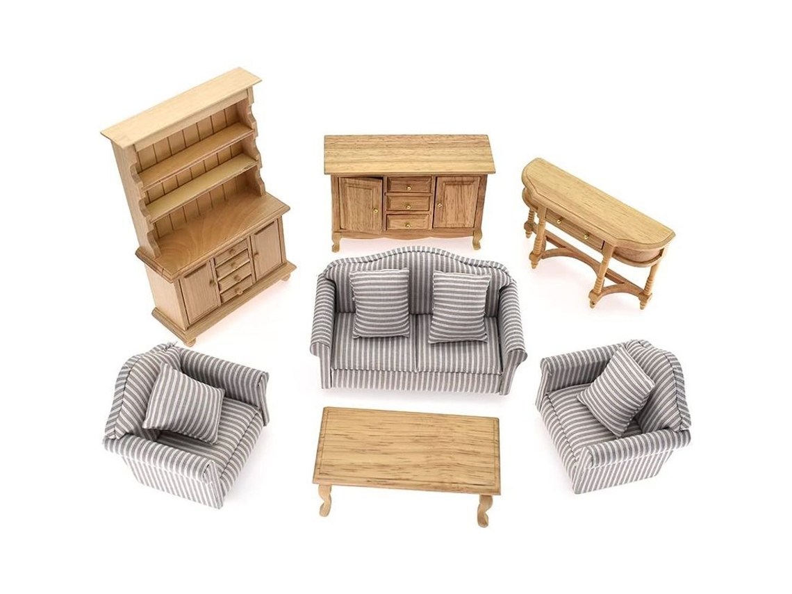 Conjunto De Muebles En Miniatura Para Casa De Muñecas: Sofá, Armario, Mesa De Centro Y Otras 7 Piezas Clásicas Para Salón.