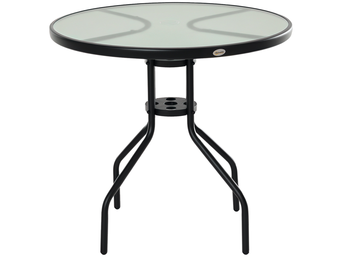 Mesa De Comedor De Exterior, De Cristal Templado, Con Orificio Para Sombrilla, Ø80x72cm, Negra.
