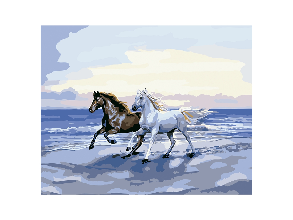 Tela con diseño para pintar por números, 40 x 50 cm. Diseño: Caballos en la playa. Incluye pinzas y las pinturas necesarias.