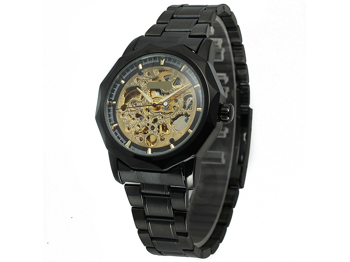 Reloj Automático Para Hombre Winner, Acero Inoxidable, Resistente Al Agua Hasta 30 M, Negro Y Dorado.