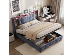 Cama Matrimonial 140x200 Con Almacenaje Hidráulico Y Led-cama Nido Tapizada En Terciopelo Gris, Cabecero Con Luces Rgb, Usb Y Compartimentos Abiertos