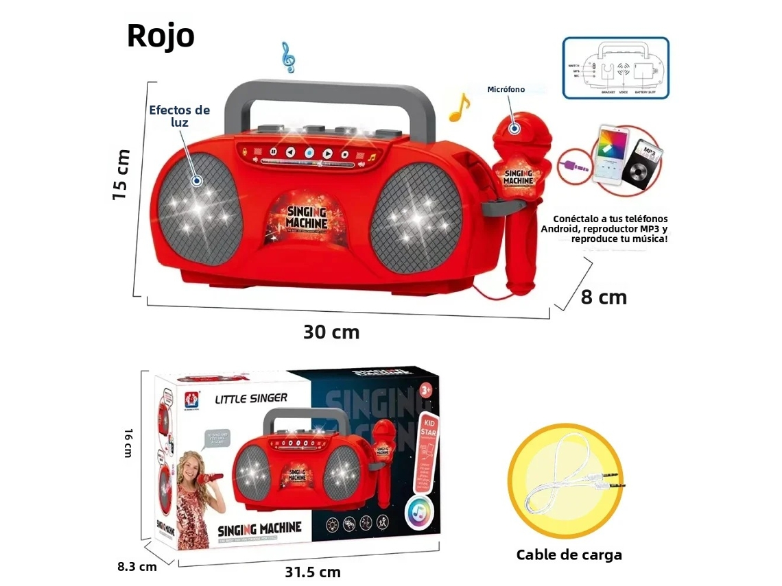 (Rojo) Máquina de Karaoke con Micrófono, Radio, Altavoz y Función Karaoke.