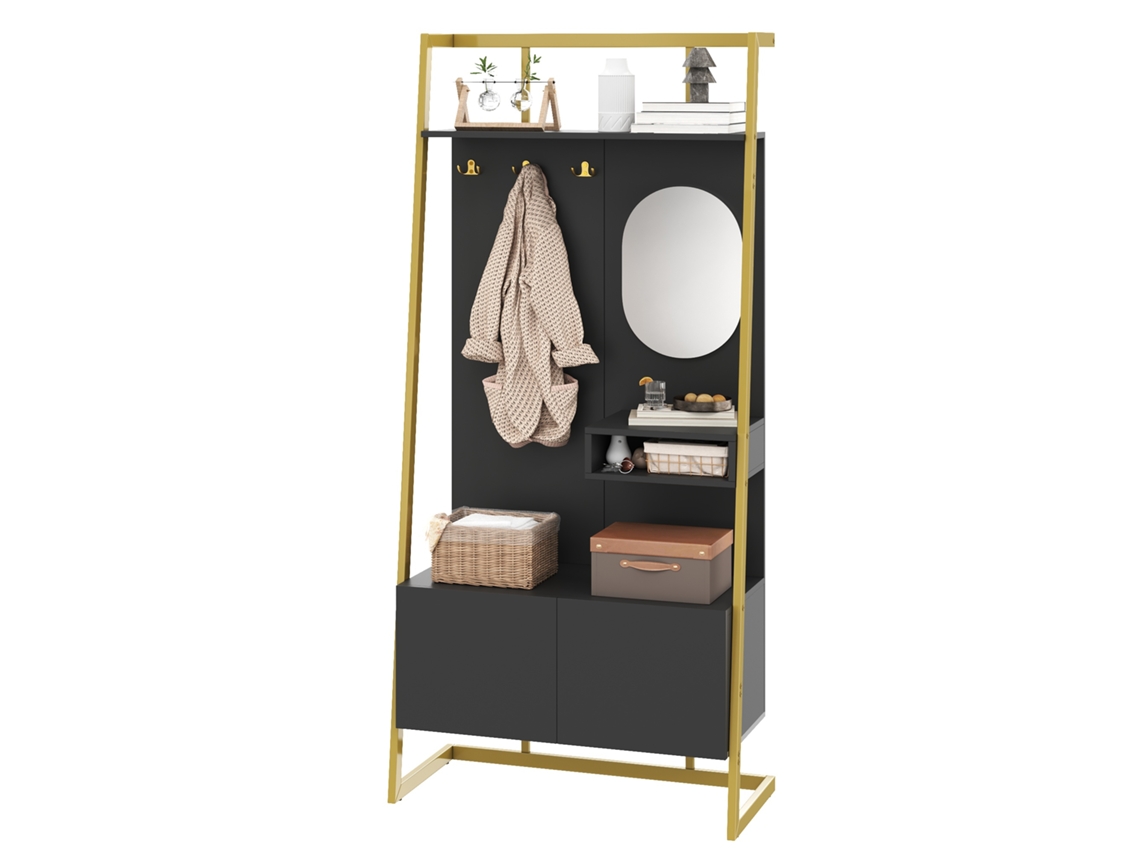 Mueble Recibidor 78x38.5x180.5 Cm - Guardarropa Con Espejo, Percheros Metálicos, Banco Y Zapatero - Negro