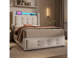 Cama Individual Tapizada 90x200 - Cabecero Led, Carga Usb C, Hidráulica, Estructura Madera Y Metal - Beige