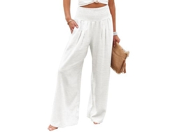 2026-24321-pantalones Mujer De Cintura Alta Elástica De Pierna Ancha Casual Con Bolsillos Para Verano S Blanco