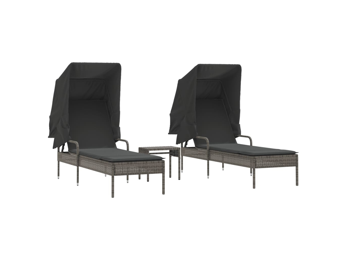 Conjunto de Tumbonas con Toldo y Mesa, 2 Piezas, Mimbre, Patas Grises, EXCLUSIVA MAISON