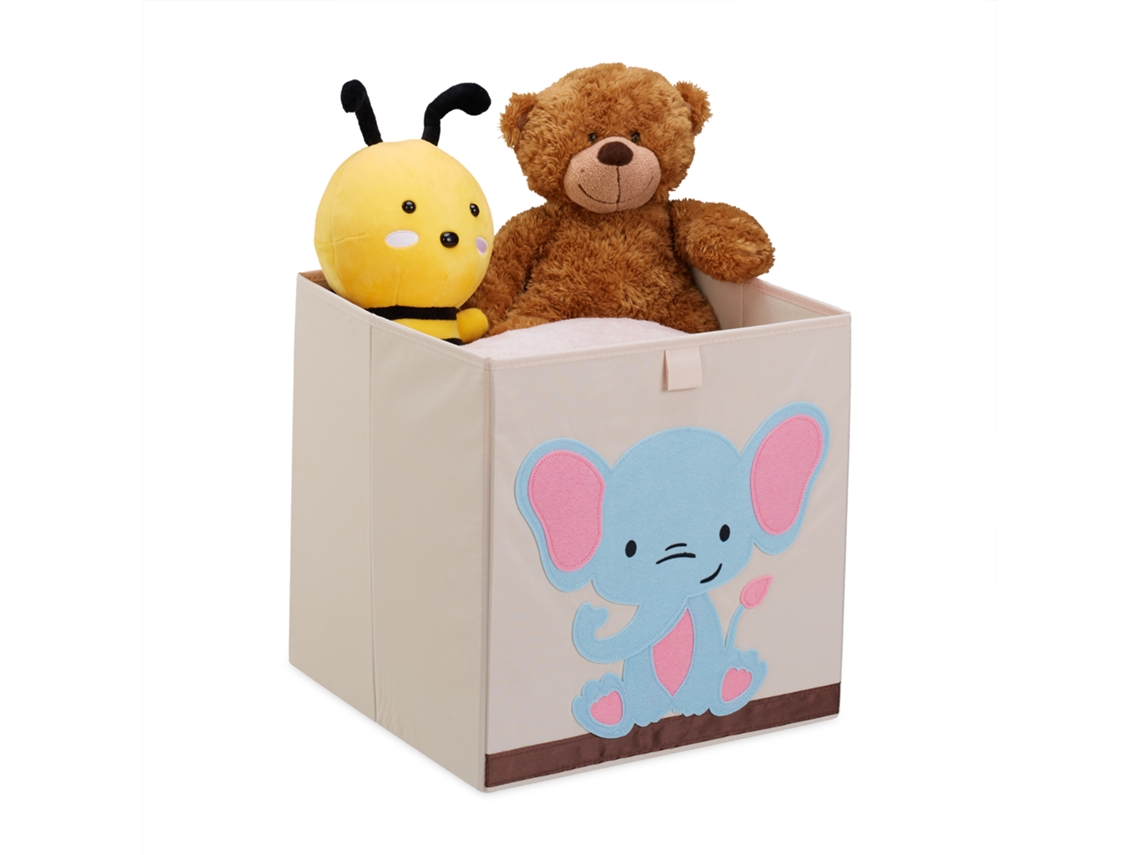 Relaxdays Caja Infantil Almacenar Juguetes Diseño Elefante, Cesta Plegable, Para Cuarto Niños 33x33x33 Cm, Beige/azul