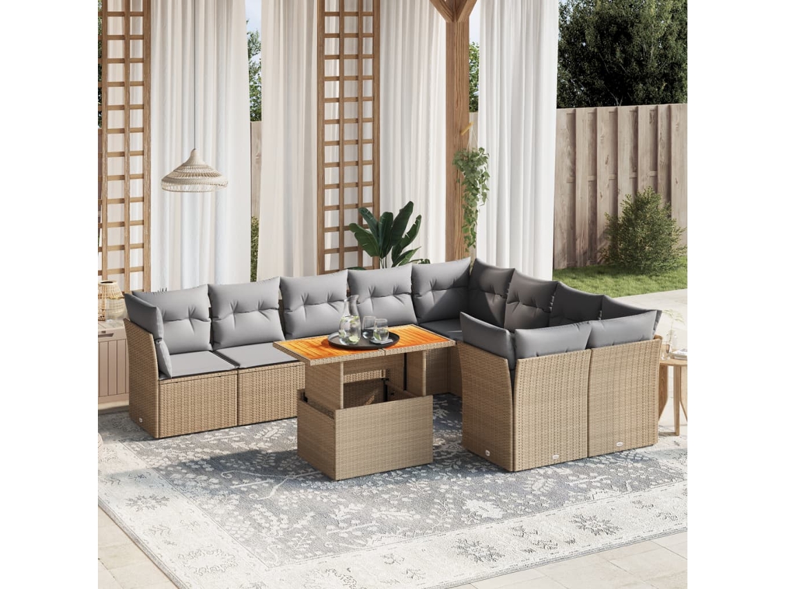 Conjunto de sofá de jardín de 10 piezas con cojines, mimbre sintético beige, DKD Home Decor