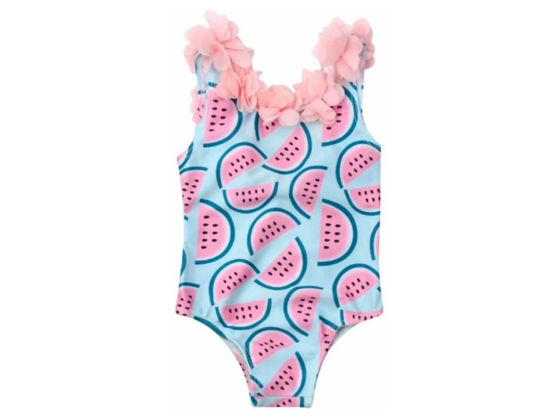 Traje de baño infantil Rebe 2026 con estampado 3D de sandía y flores, rosa y azul, 120 cm/47,2 pulgadas.