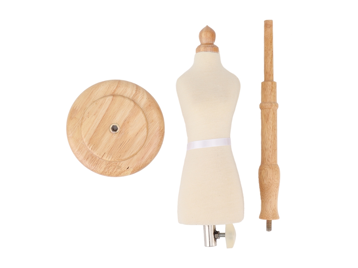 Maniquí femenino profesional en madera de haya con base de madera para exhibición de ropa y costura.