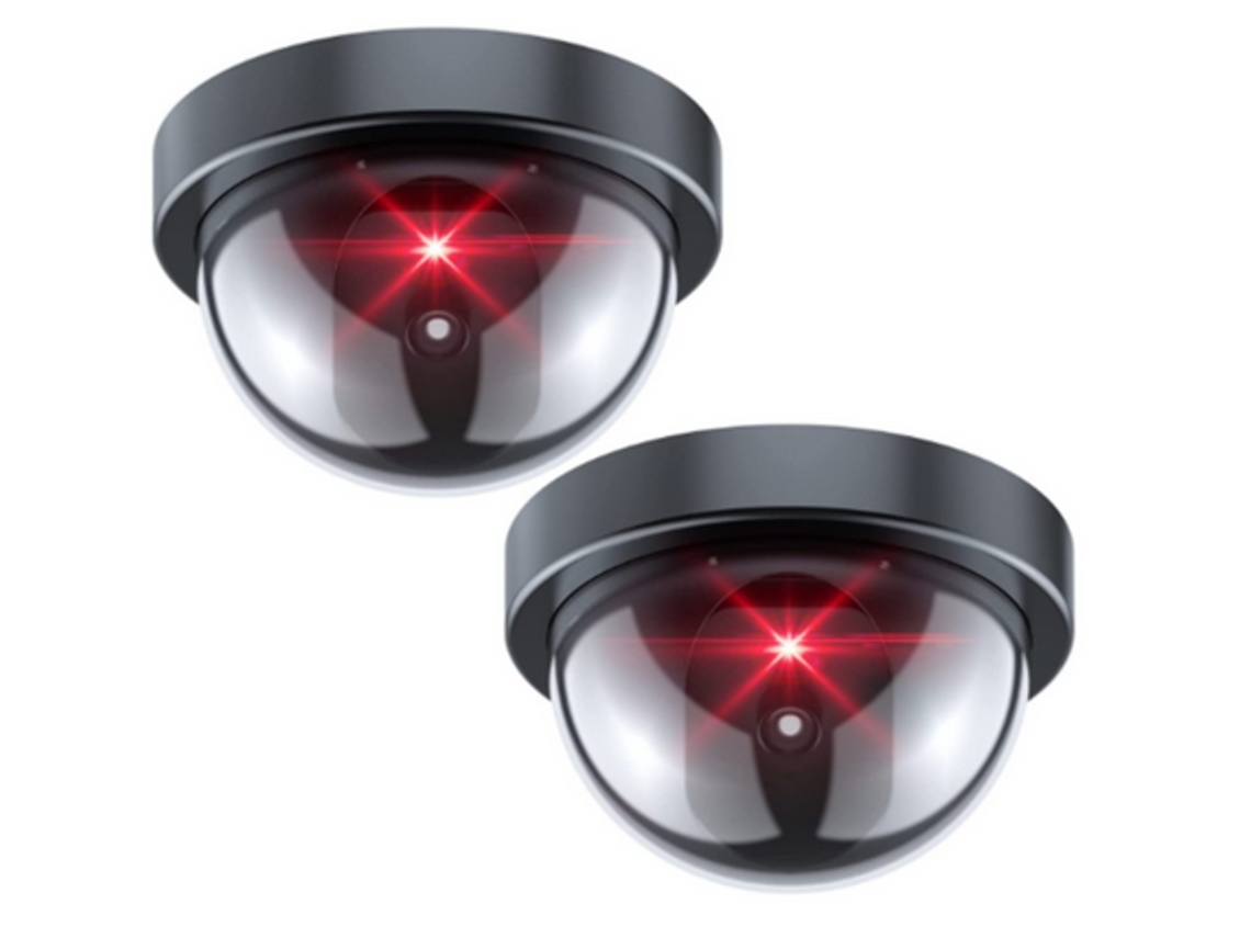 Cámara de seguridad domo CCTV para interiores y exteriores, cámara de simulación de fácil instalación, luz LED roja intermitente a batería (paquete de 2)