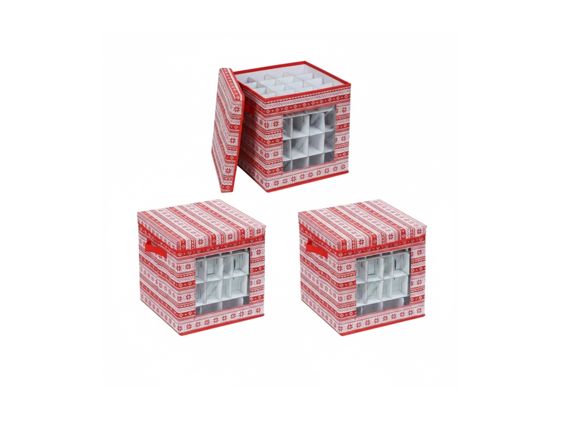 Relaxdays Caja Para Bolas Navideñas, Set De 3, Hbt: 33 X 33 X 33 Cm, Tejido No Tejido, Cartón, Rojo/blanco