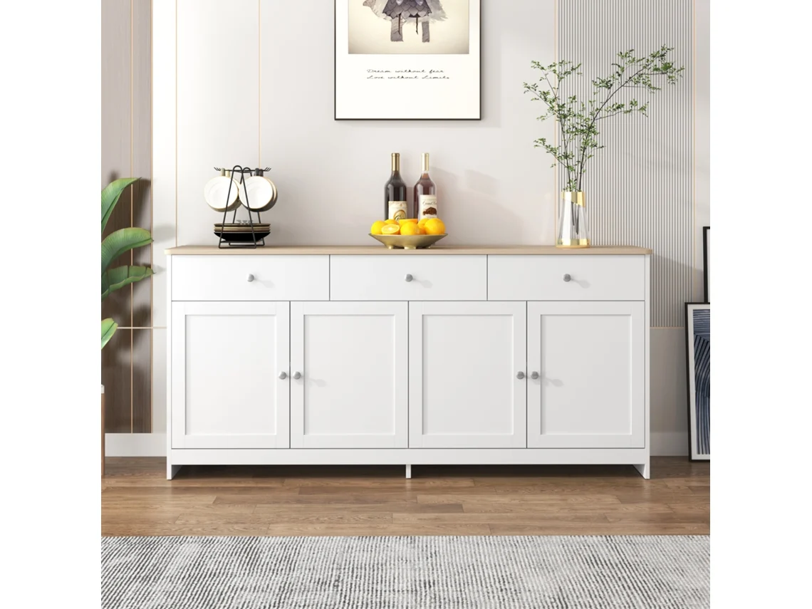 Aparador de madera con veta blanca, 4 puertas y 3 cajones, elegante y funcional, ideal para salón o comedor.