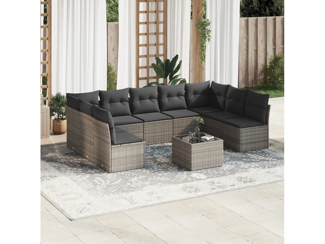Conjunto de sofá de jardín de 10 piezas con cojines, ratán gris, DKD Home Decor