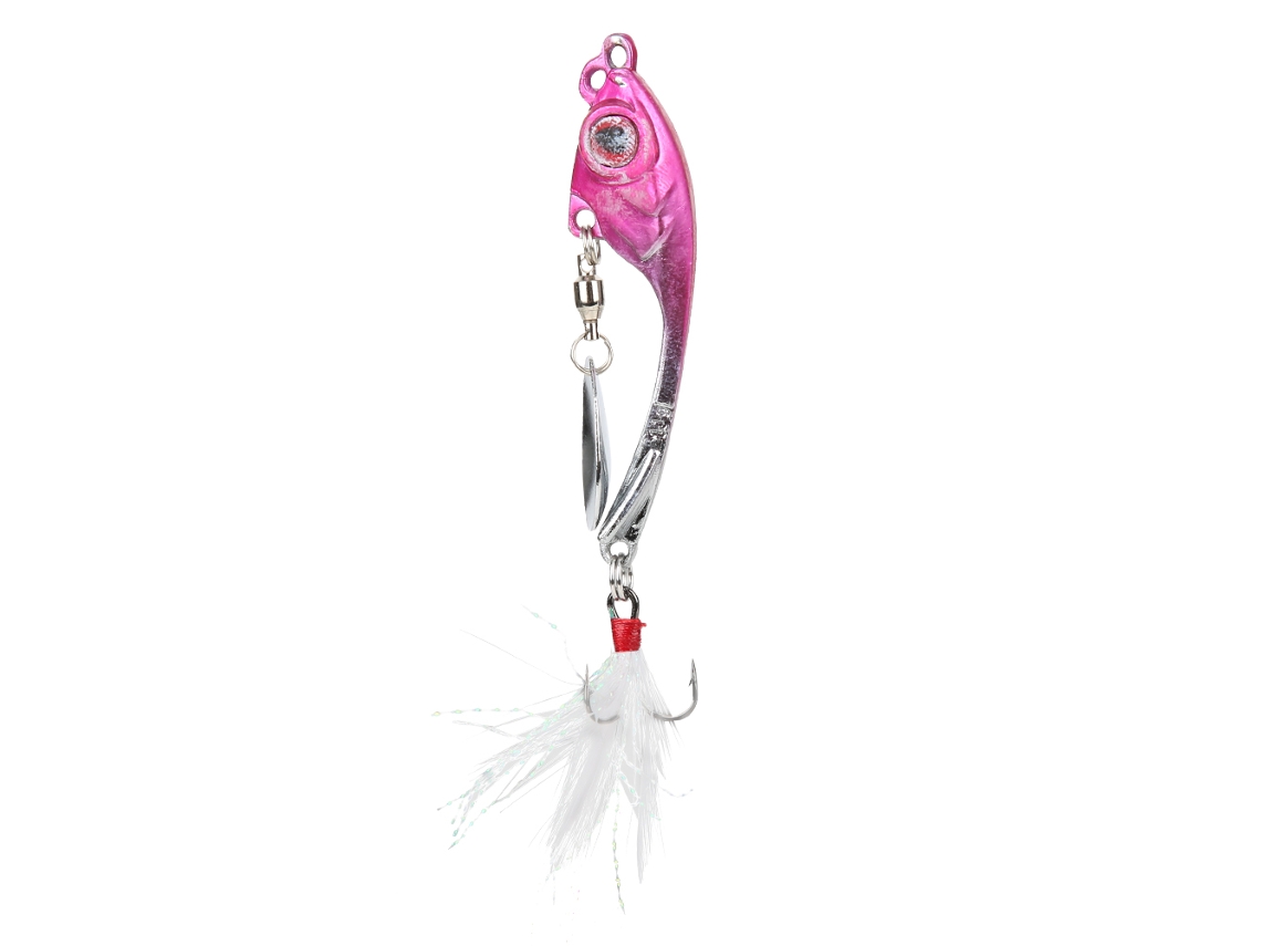 Anub Señuelo artificial giratorio de aleación de zinc con plumas y anzuelo vivo, color rosa, 8 cm, 11 g