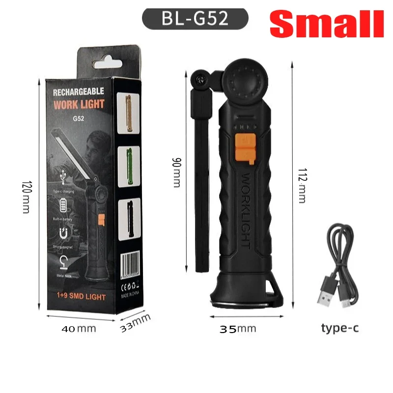Linterna LED COB portátil, recargable por USB, luz de trabajo magnética con batería integrada, lámpara colgante para camping. Aeuzwr