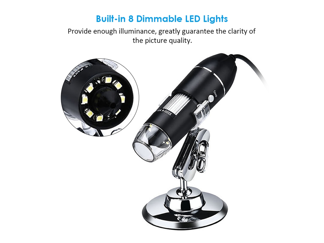 Microscopio Digital Usb Con Aumento De 1000x, 8 Led Y Soporte. Compatible Con Android, Windows, Mac Y Linux.