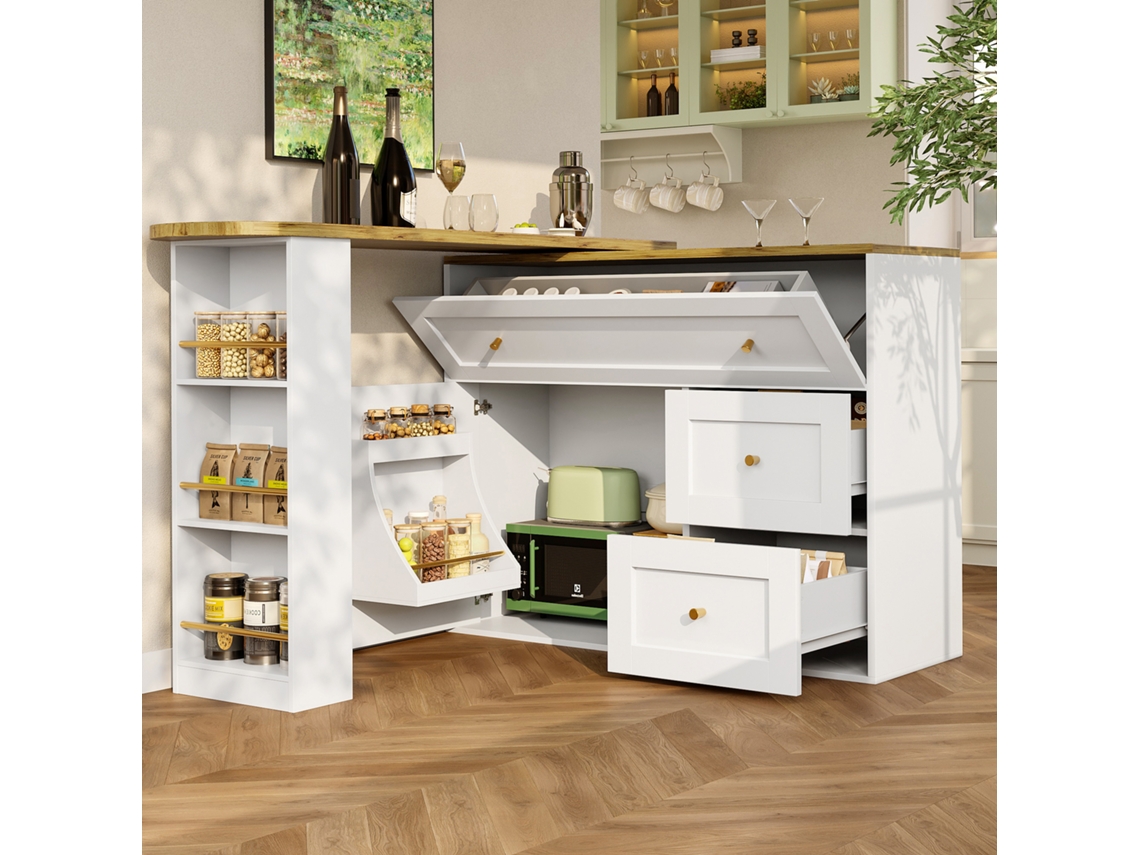 Mesa De Bar Extensible 138-204×39×105cm - Con Almacenamiento, Con Estante Para Bocadillos, Mesa Alta Telescópica, Isla De Cocina - Blanca