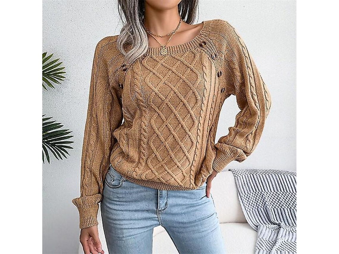 2026-suéter De Mujer De Punto Cablado Ribeteado Cuello Redondo Manga Larga Color Solido Casual Para Otoño Invierno Blanco