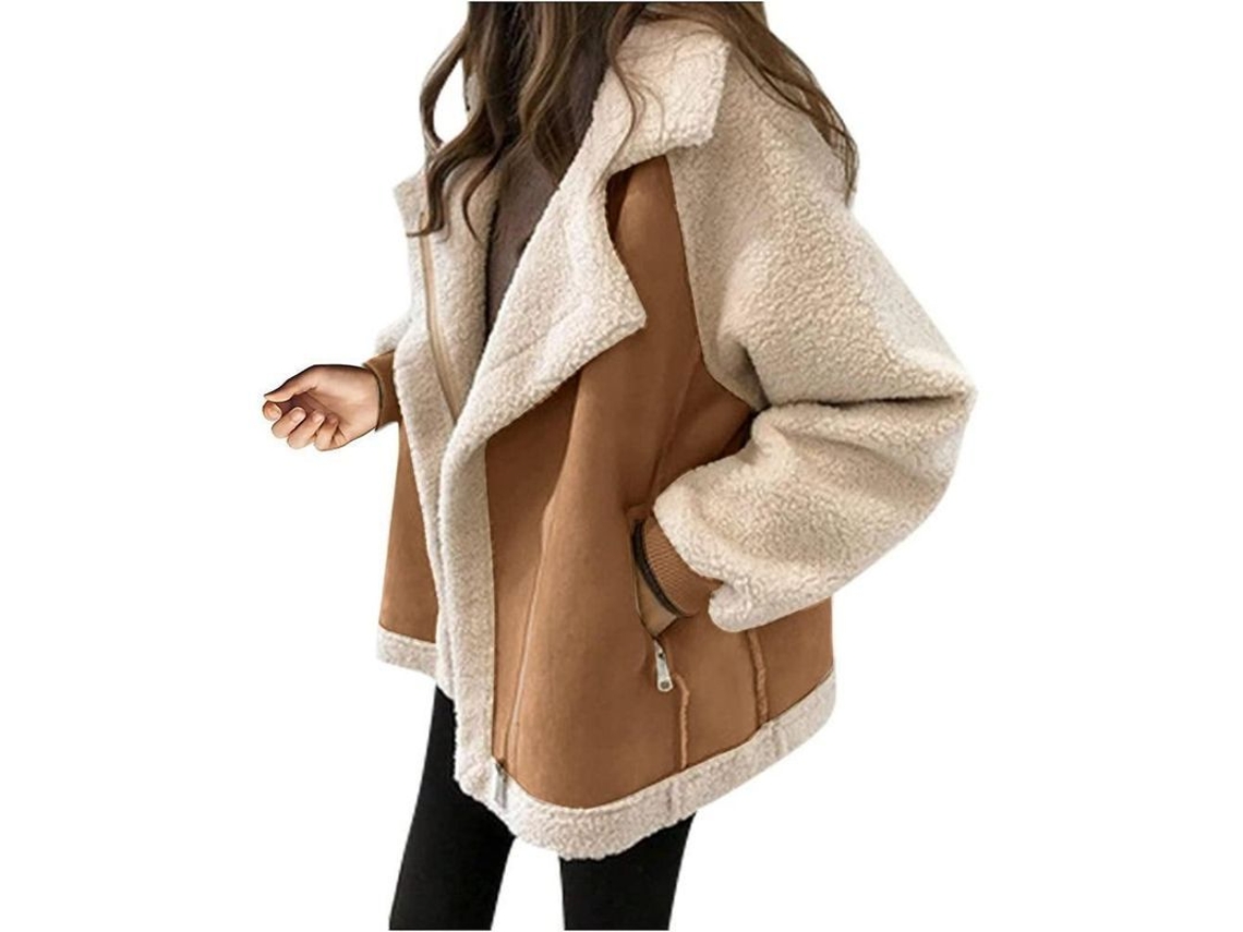 Chaqueta De Piel Para Mujer Casual Suave Lana Oveja Corta Invierno Khaki Talla M X-large Caqui