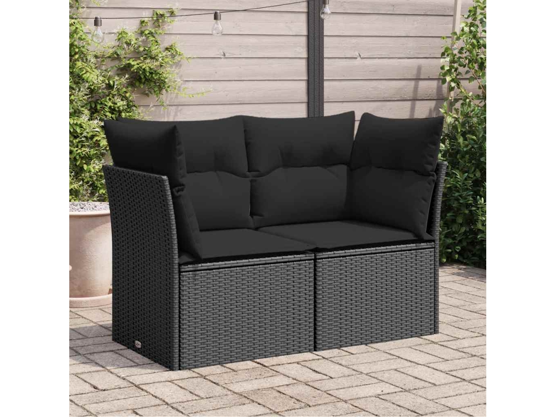 Sofá de jardín de 2 plazas con cojines, mimbre, negro, PE, Dkd Home Decor