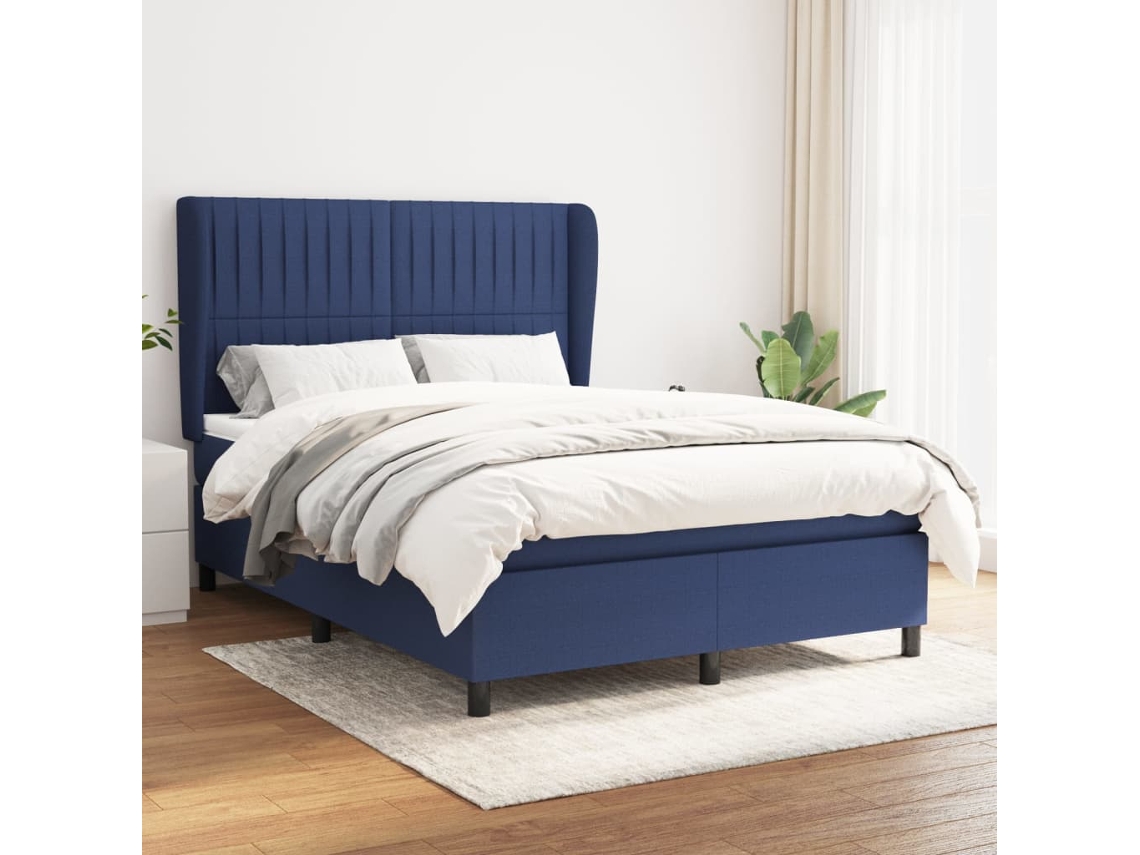 Cama Box Spring Con Colchón Tela Azul 140x190 Cm